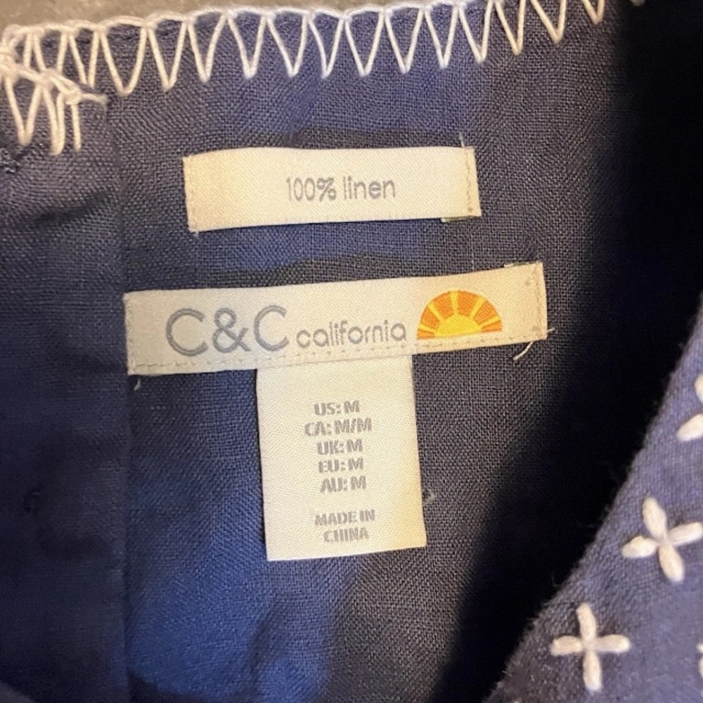 C&C California Blue Embroidered Linen Sleeveless Costal Cottage Tunic Dress - Picture 4 of 10
